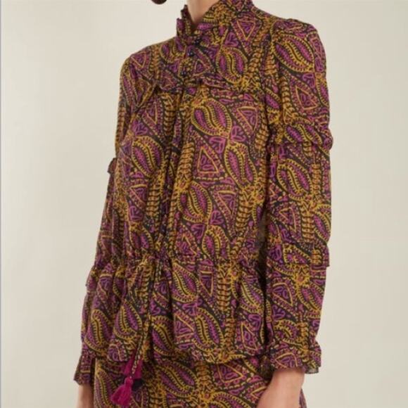 NWOT Figue Zola Paisley Cotton Voile Tassel Puff Sleeve Peasant Blouse L - Picture 1 of 12